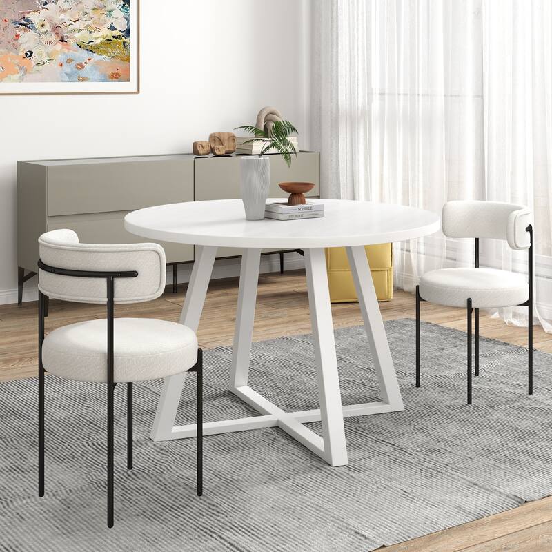 Modern Dining Set with Round Table & Boucle Chairs
