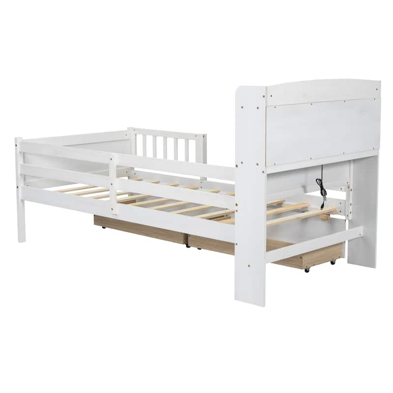 Roomfitters Wood Twin Platform Bed with Multi-Functional Headboard, Lighting, Guardrail and Storage, White