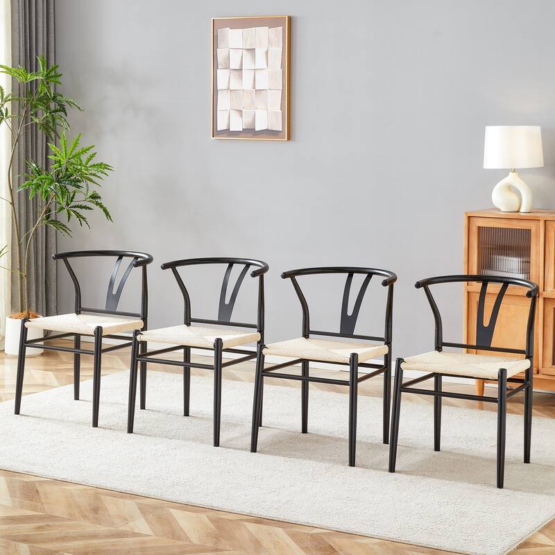 Y-shaped Medieval Style Armchair for Dining Table, Woven Seat (Set of 4)