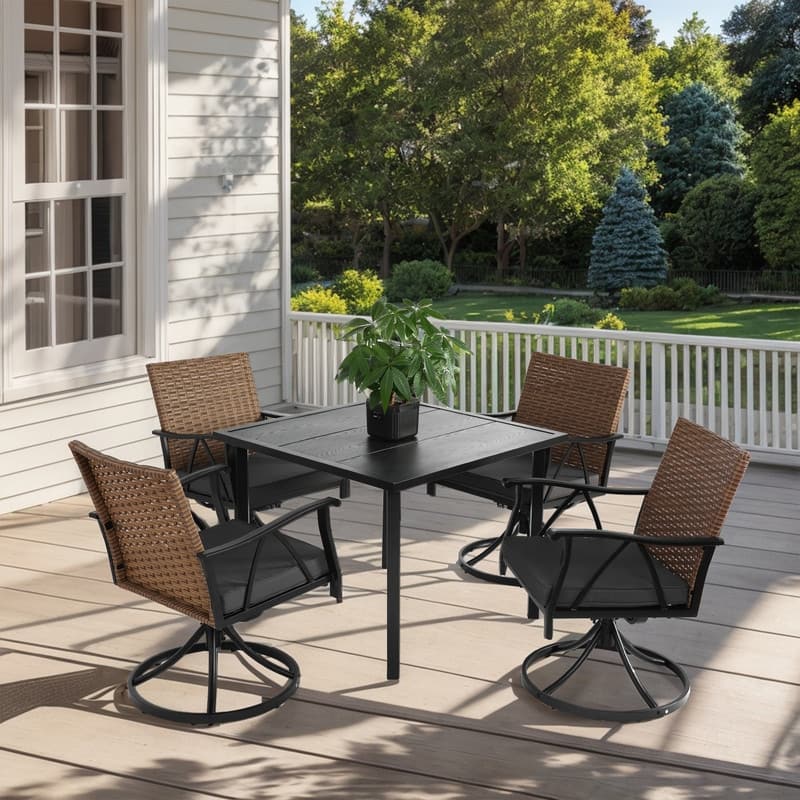 5-Piece Outdoor Dining Set with Swivel Rocker Chairs, Steel Table & 4 Removable Cushions