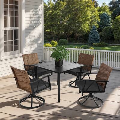 5-Piece Outdoor Dining Set with Swivel Rocker Chairs, Steel Table & 4 Removable Cushions