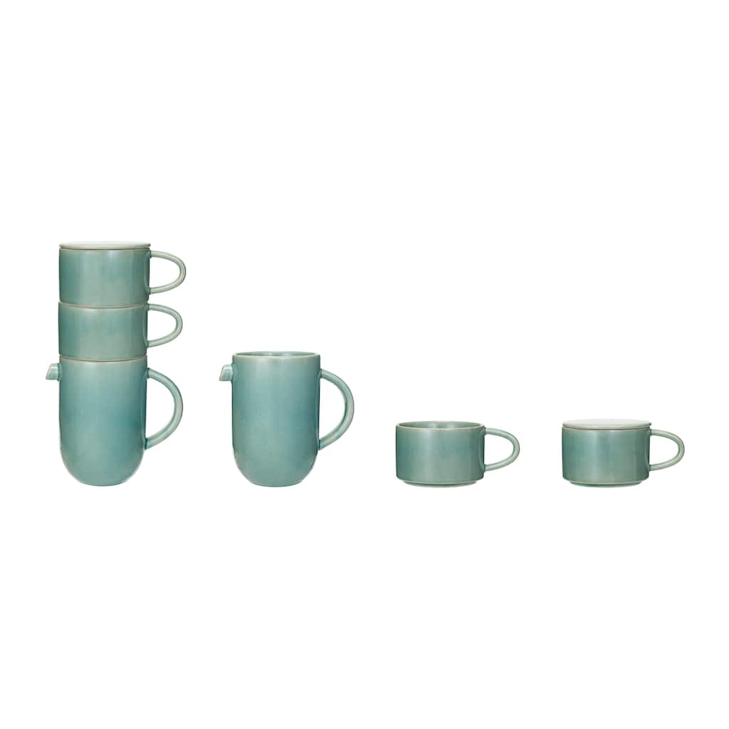 Stoneware Pitcher with Stackable Mugs and Lid - 6.1"L x 4.0"W x 10.9"H - 6.1"L x 4.0"W x 10.9"H