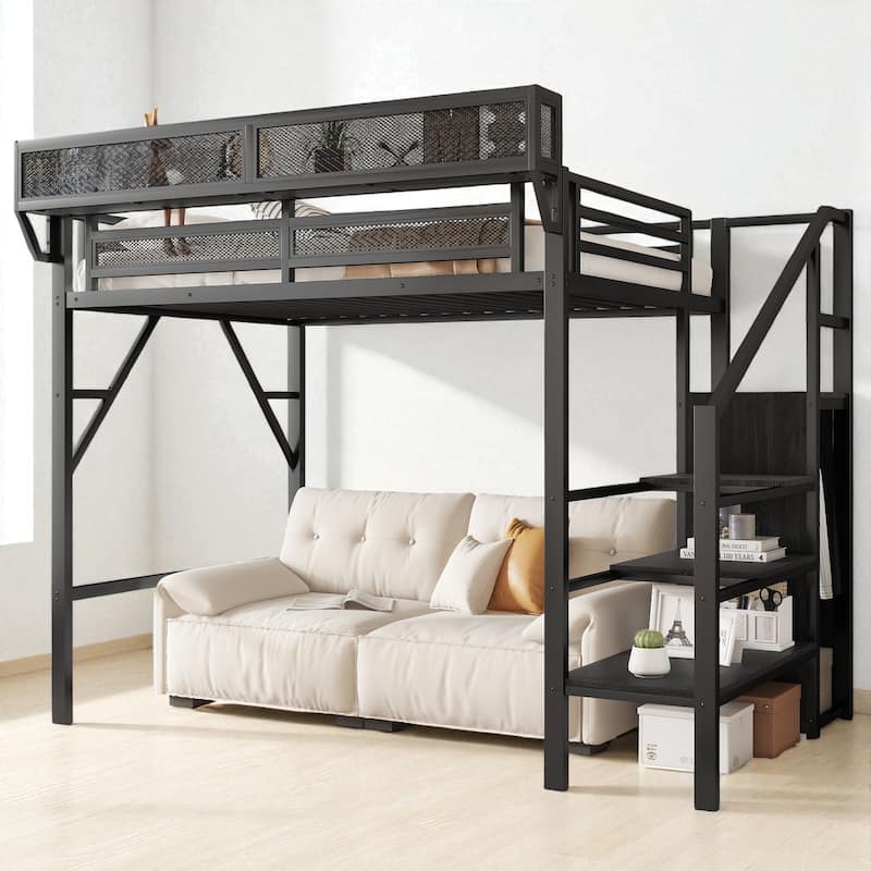 Twin XL Metal Loft Bed with Stairs, Storage Shelves and Wardrobe, High Loft Bed with Under-Bed Space - Black - Twin XL