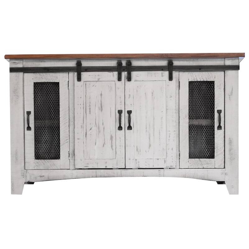 HomeRoots 70" White Solid Wood Cabinet Enclosed Storage Distressed TV Stand - 70' X '34.75' X '19