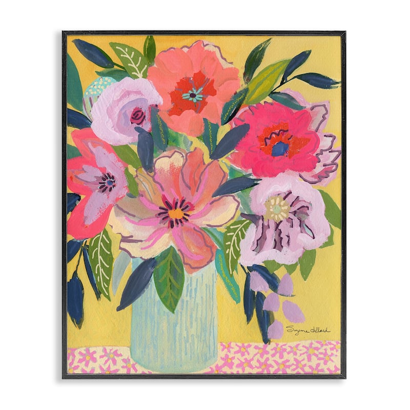 Stupell Vibrant Pink Bouquet on Yellow Framed Giclee Art Design By Suzanne Allard - 16 x 20 - Black