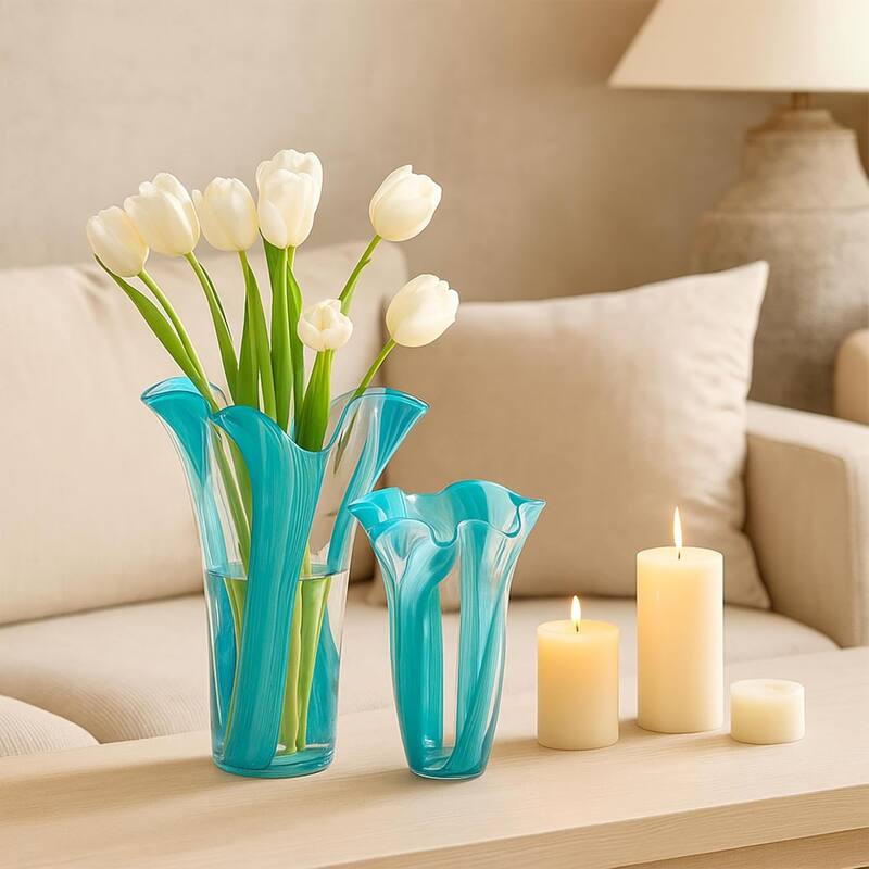 Green Set of 2 Striped Handblown Glass Vases with Broad Rim and Ruffle