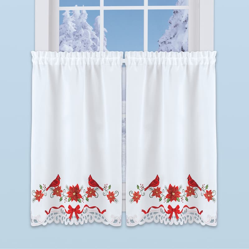 Festive Embroidered Cardinal Poinsettia Kitchen Café Curtains - 36"L Tiers