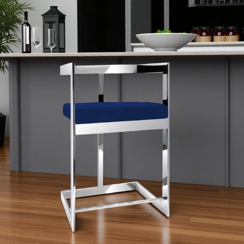 HomeRoots 30" Blue and Silver Metal and Velvet Low Back Bar Height Bar Chair - Bar Height - Silver/Blue - Single