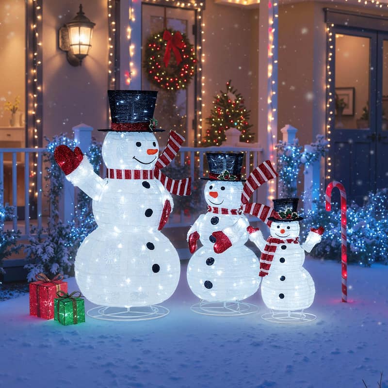 Costway 3PCS Pre-Lit 3D Snowman Set with 270 LED Lights for Home Lawn - as pic shows - See Details