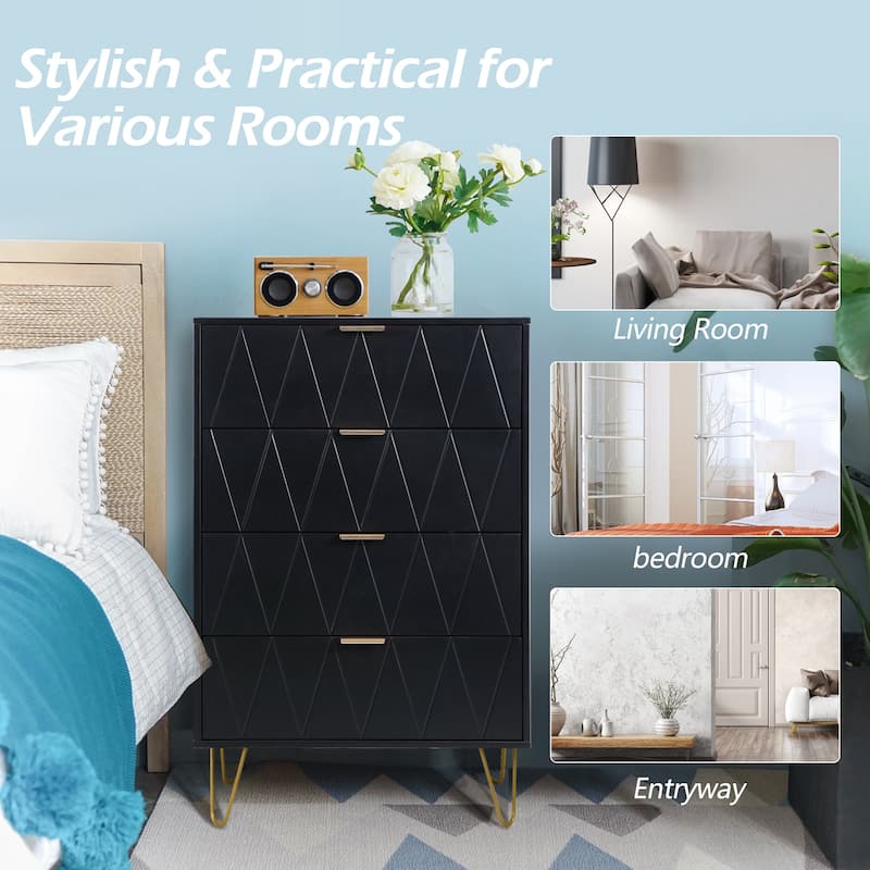 4 Drawers Chest Of Dresser Tall Storage Tower Cabinet with Metal Legs For Bedroom Living Room