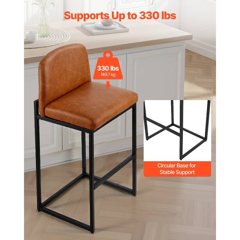 Set of 4 Brown PU Leather Counter Height Bar Stools with Low Backrest and Sturdy Metal Frame - 19.49” x 18.11” x 36.42”