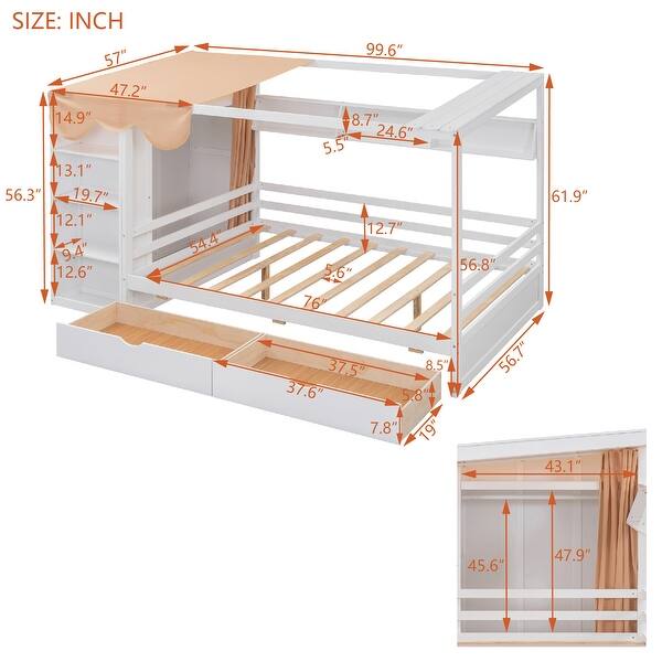 dimension image slide 4 of 6, House Platform Bed with Open Pent Roof, Built-in Wardrobe, 4 Side Compartments, 3 Top Shelves, 2 Drawers, Curtain Fabric