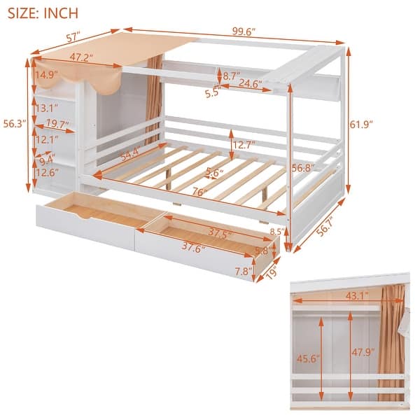 dimension image slide 0 of 3, Multifunction Full Size House Bed Frame w/ 2 Drawers & Built-in Wardrobe(with Curtain), Wood Storage Bed Frame for Kids, Teens