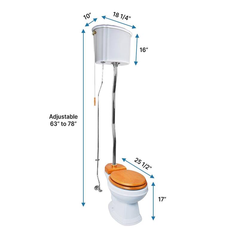 High Tank, Pull Chain Round Toilet White Ceramic Tank, Chrome Plated Z Pipe - White