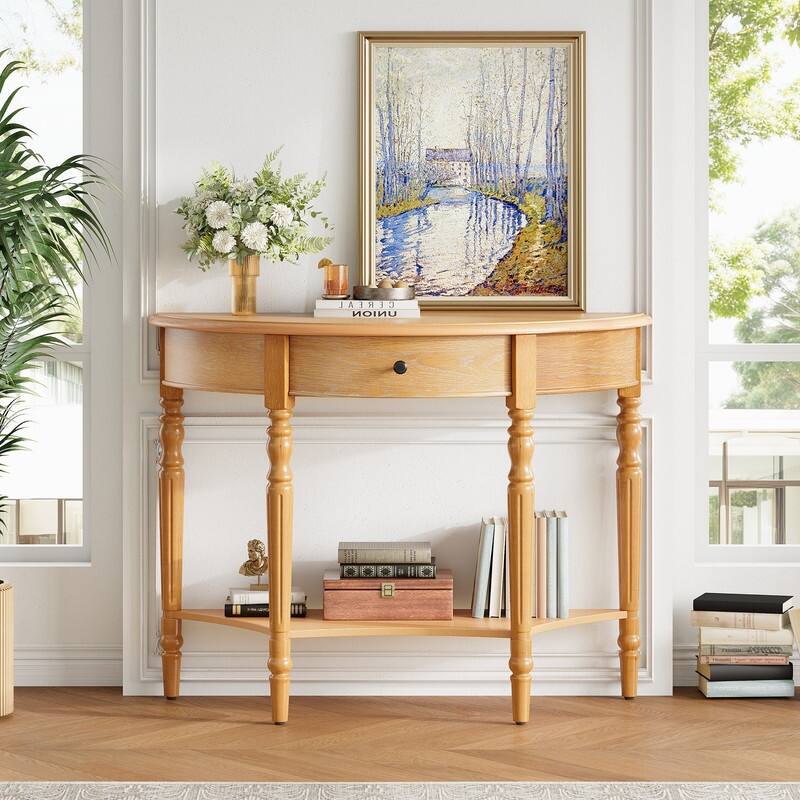 Farmhouse Half Moon Console Table with Drawer and Shelf for Entryway and Living Room Decor