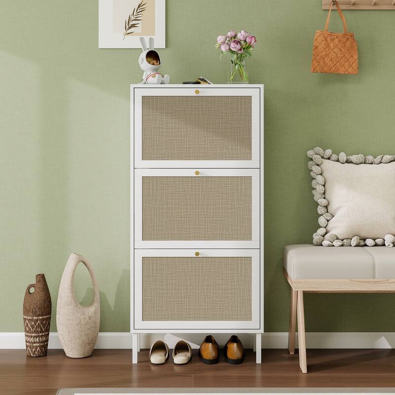 Shoe Storage Cabinet with 3 Flip Drawers, Freestanding 3-Tier Shoe Rack, Slim Shoe Organizer with Half Round Woven Rattan Doors - White