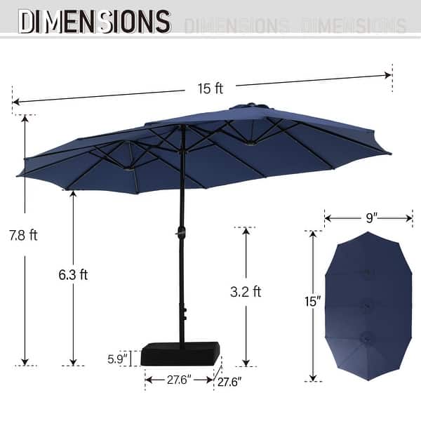 dimension image slide 6 of 15, MAISON ARTS 15-foot Rectangular Crank Double-sided Outdoor Market Umbrella Solar LED Lighted Patio Umbrella with Base Included