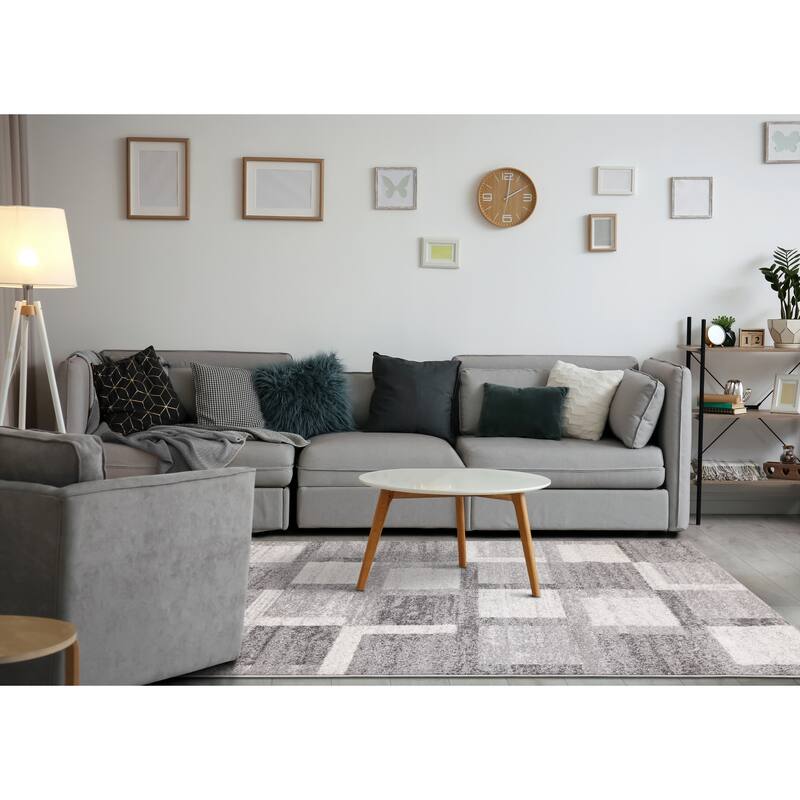 Flynn Collection - Grey/White Distressed Squares Rug