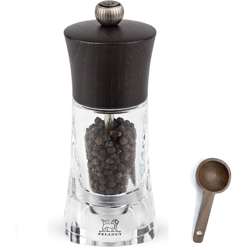 Peugeot - Oleron Manual Mill Pepper Mill - Transparent Adjustable Grinder - Acrylic and Beechwood, Chocolate, 5.5 Inches