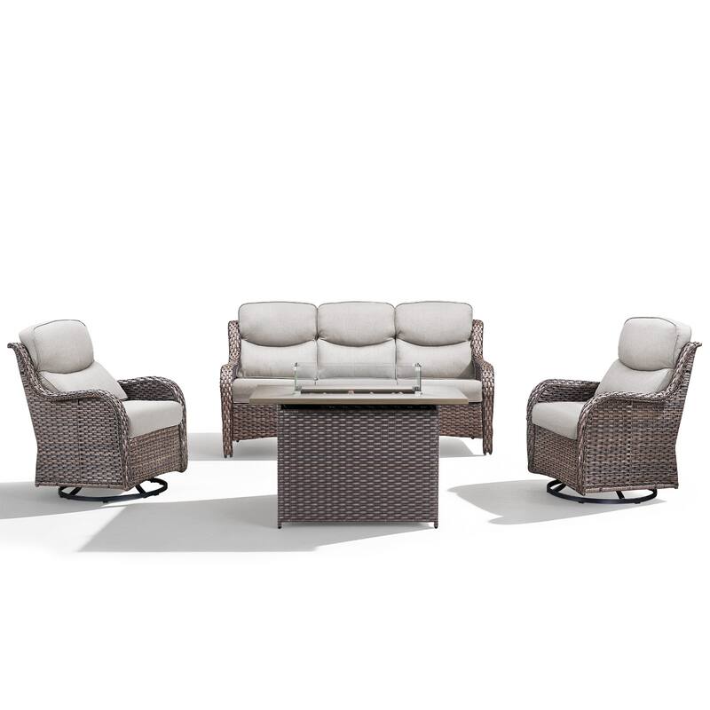 Meyreso 4-Piece Outdoor Patio Wicker Fire Pit Conversation Set with 5-Inch Thick Olefin Cushions