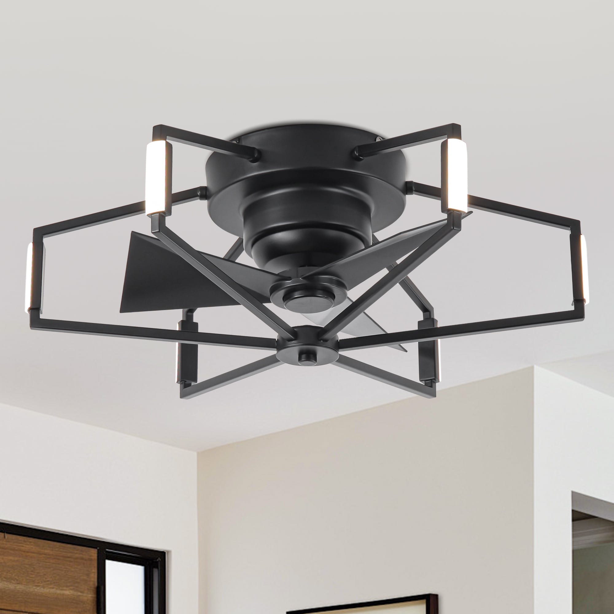 21" Modern Black Unique Low Profile Caged Ceiling Fan with Light and Remote