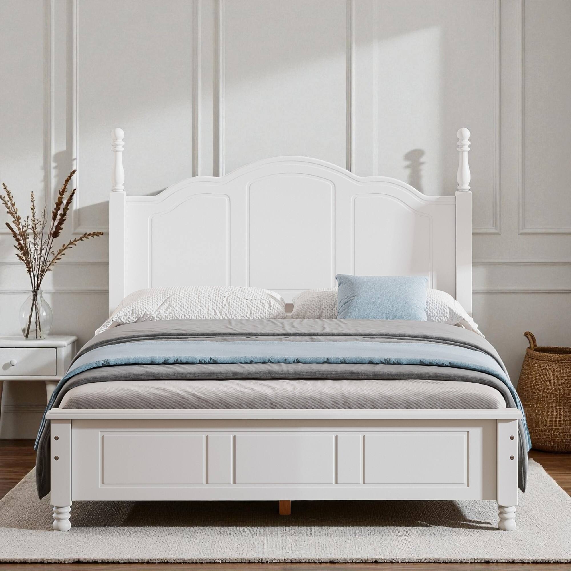 Full Size Wood Platform Bed Frame with Slatted Base, Retro Style Headboard, No Box Spring Required
