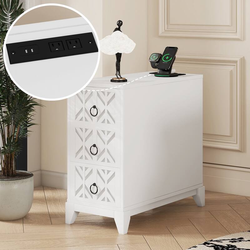 Tall Nightstand with Charging Station, Narrow Sofa Side Table with 3 Drawers & 2 Open Shelves, Solid Wood Entryway Accent Table