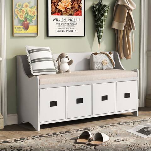 White Entryway Storage Bench with Drawers and Backrest