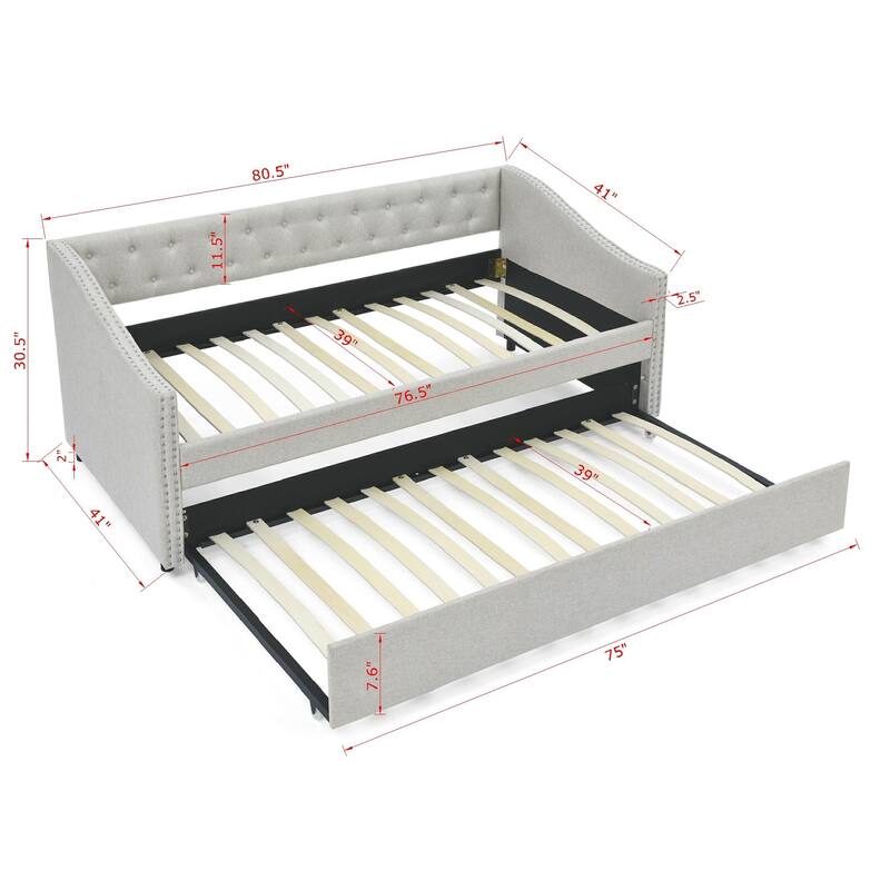 Roomfitters Twin/Full Upholstered Daybed with Twin Trundle, Tufted Backrest and Nailhead Trim, Elegant Waved Arms