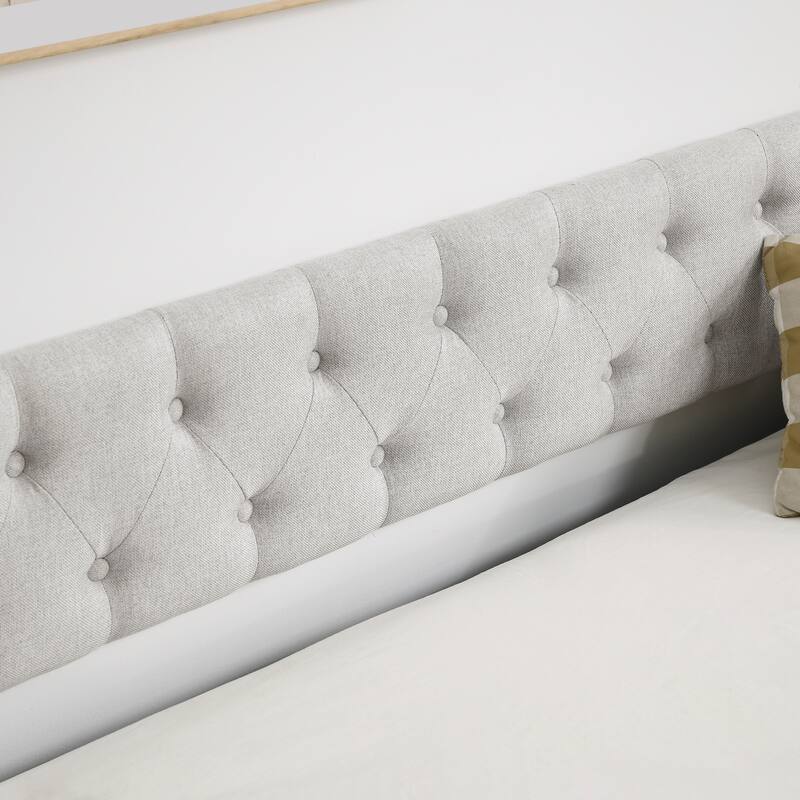 Roomfitters Twin/Full Upholstered Daybed with Twin Trundle, Tufted Backrest and Nailhead Trim, Elegant Waved Arms