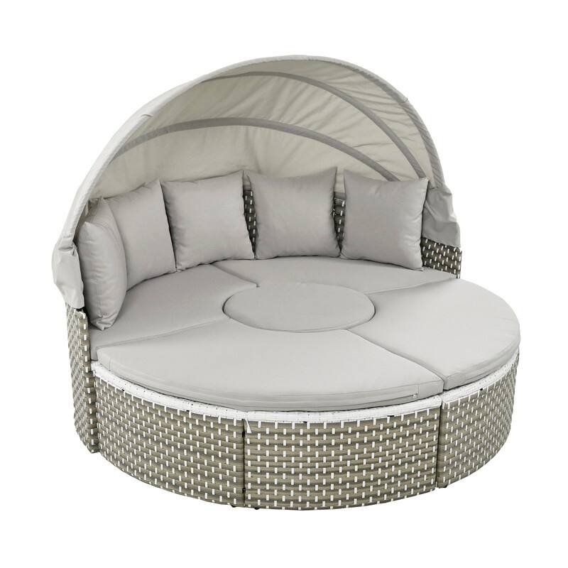 Round Outdoor Daybed Two-Tone Weave Sunbed with Retractable Canopy