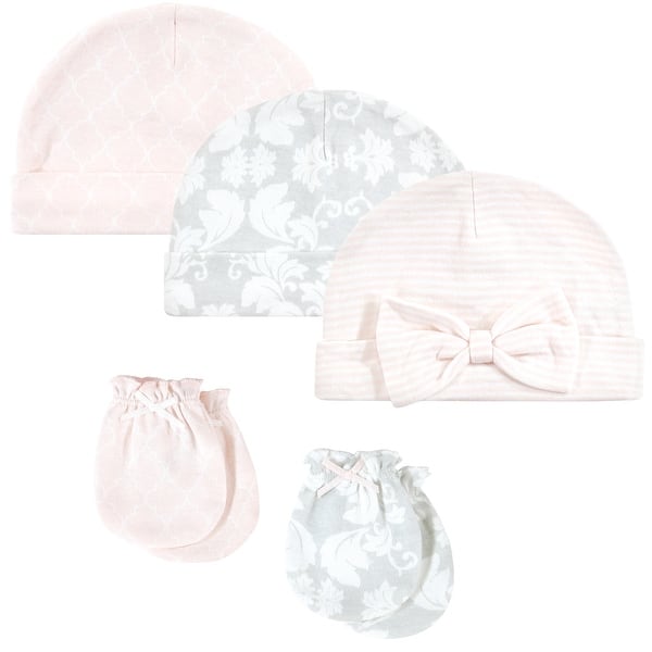 slide 1 of 1, Hudson Baby Infant Girl Cotton Cap and Scratch Mitten Set, Damask, 0-6 Months - Damask Damask - 0-6 Months