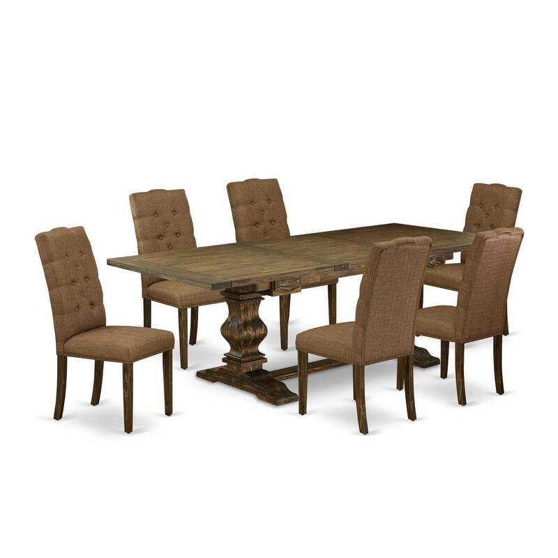 7-Piece Dining Table Set with Linen Fabric Chairs - Distressed Jacobean Finish Kitchen Table Set - 92