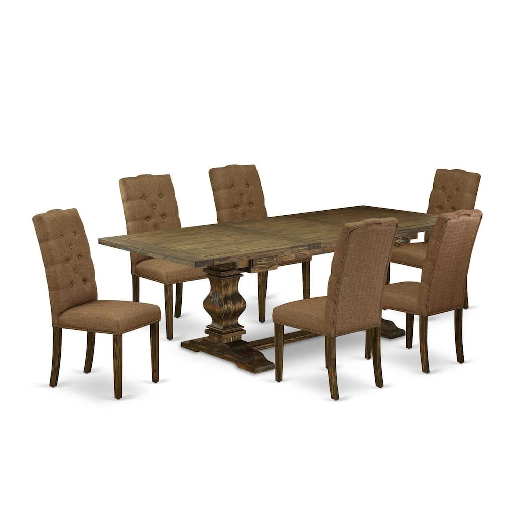 7-Piece Dining Table Set with Linen Fabric Chairs - Distressed Jacobean Finish Kitchen Table Set - 92