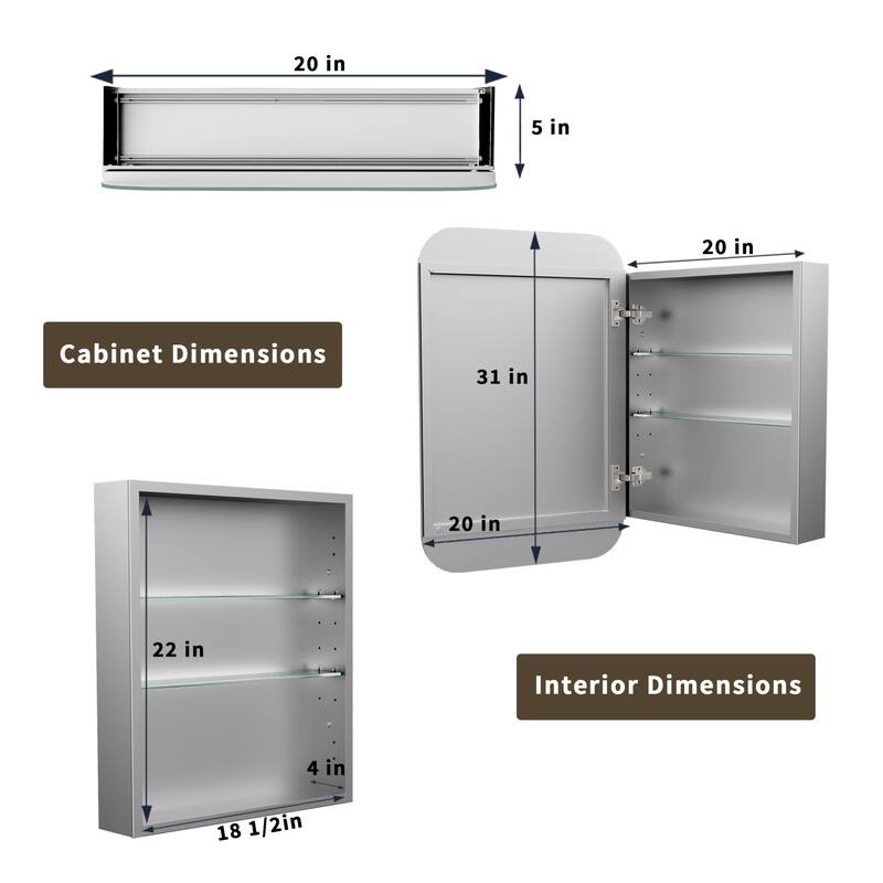 Modland Single Door Bathroom Medicine Cabinet with Mirror Adjustable Shelves,Recessed or Surface Mount