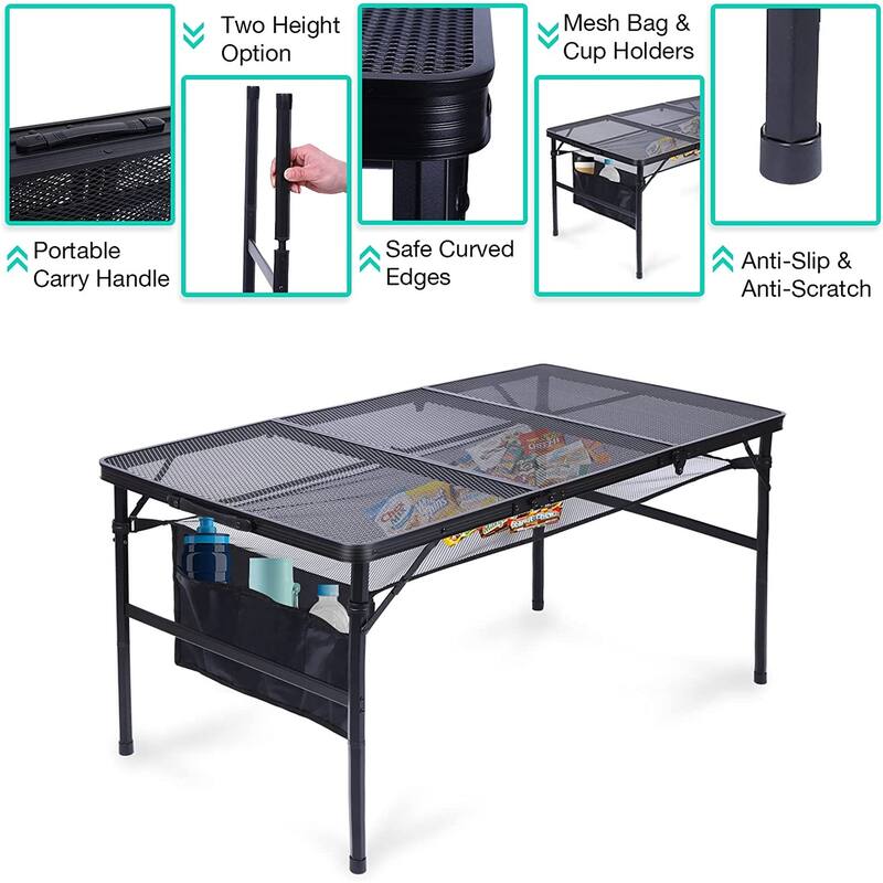 Folding Table Adjustable Height, Portable Camping Table with Mesh Bag Lightweight, Carry Handle for Outdoor, Beach, Picnic