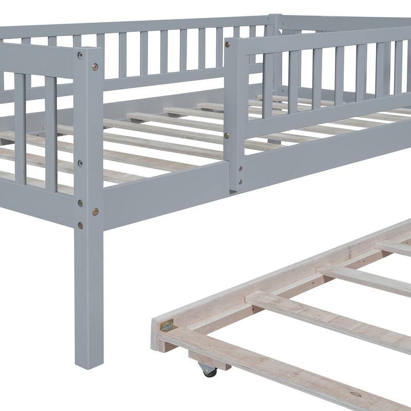 Twin Size Wood Daybed with Pull-Out Trundle and Safety Guardrails in Gray