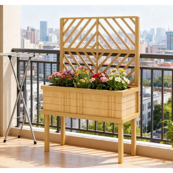 Raised Garden Bed Planter Box with Trellis, Carbonized Fir Wood