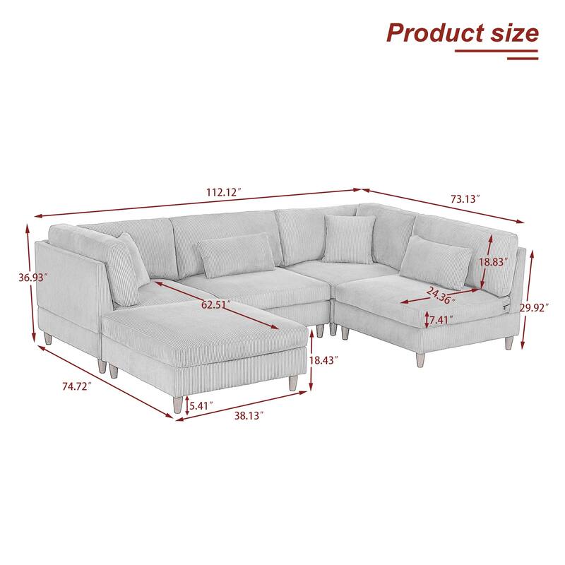 5-Piece Modern Comfy Corduroy Modular Sectional Sofa with Ottoman