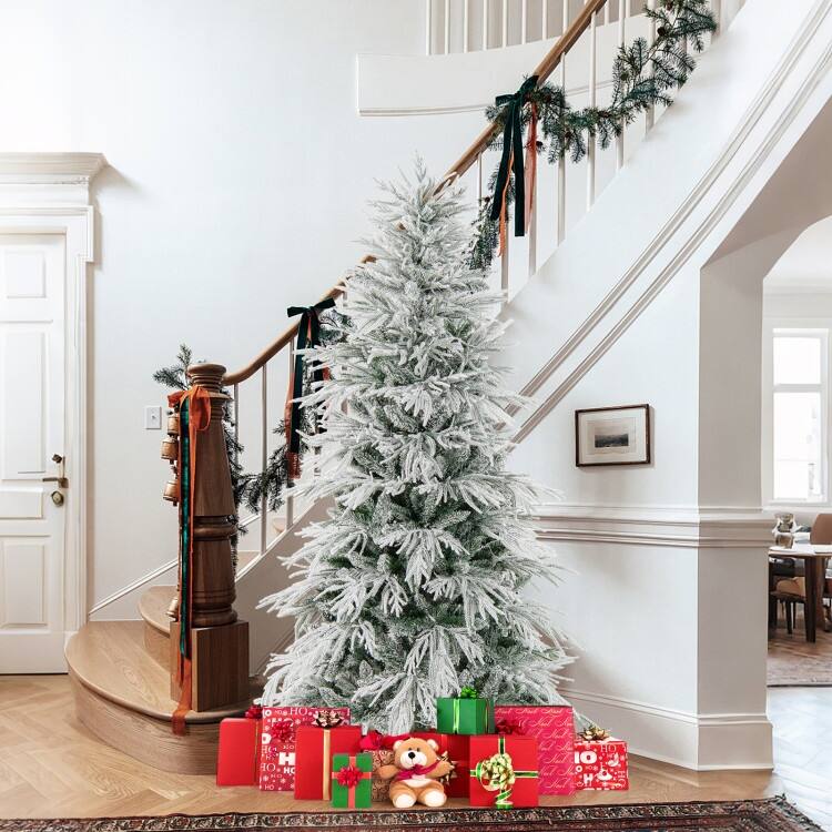 Pre Lit Snow Flocked Artificial Christmas Tree with Warm White LED Lights and Metal Stand
