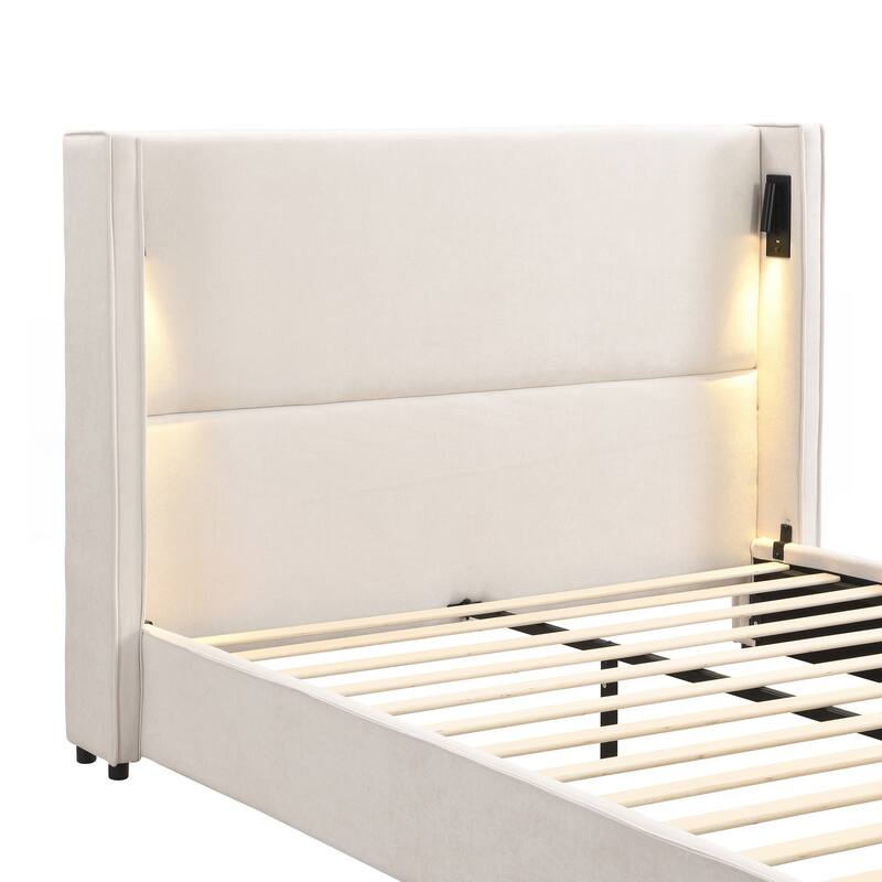 Upholstered Bed Frame with High Wingback Headboard