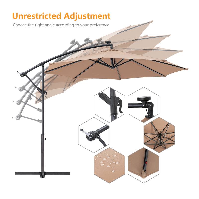 Clihome 10Ft Solar Light Crank Cantilever Patio Umbrella Without Base