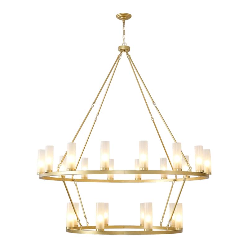 24 - Light 2 - Tier Gold Wagon Wheel Chandelier, 48.6" Wide, Frosted Glass Shades - Brushed Brass