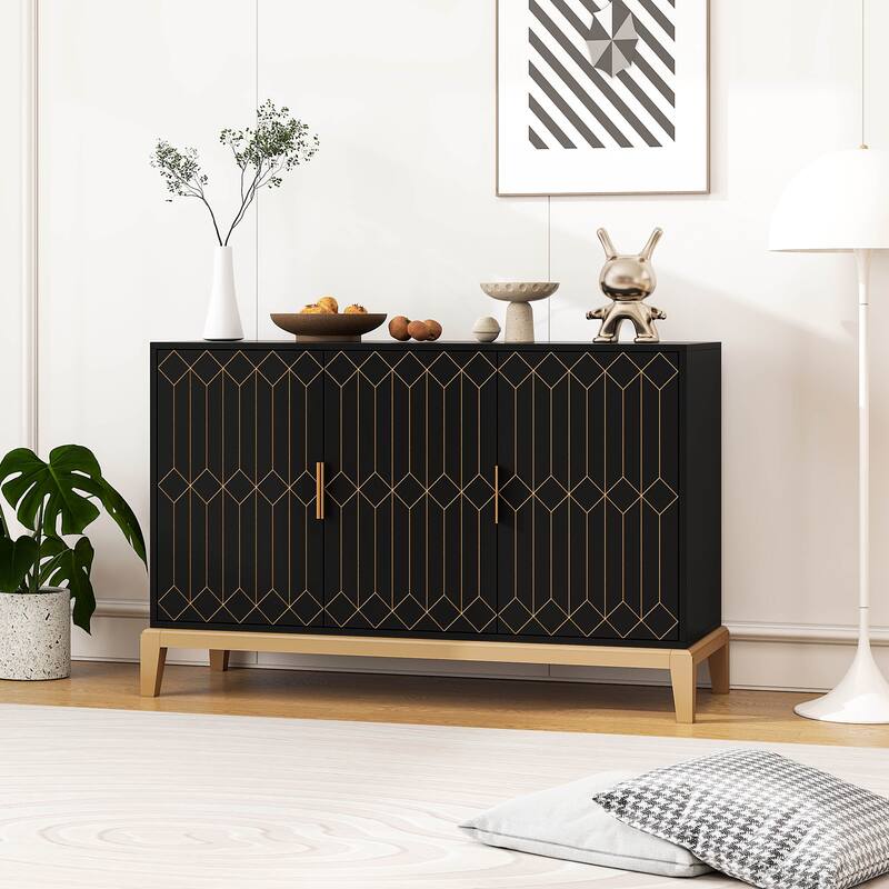 Carved Line 3 Door Storage Cabinet, Sideboard Buffet Cabinet With Adjustable Shelf, Large Storage Accent Cabinet