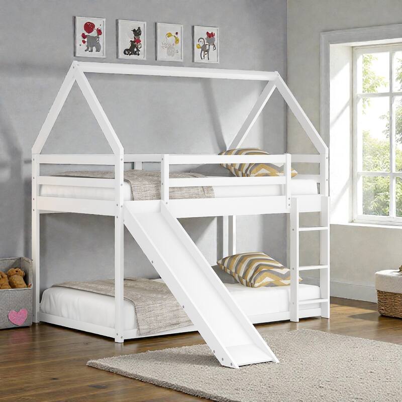 Twin House Bunk Bed with Slide and Ladder, Kids Wooden Bunk Bed Frame with Guardrails, Pine Wood and MDF