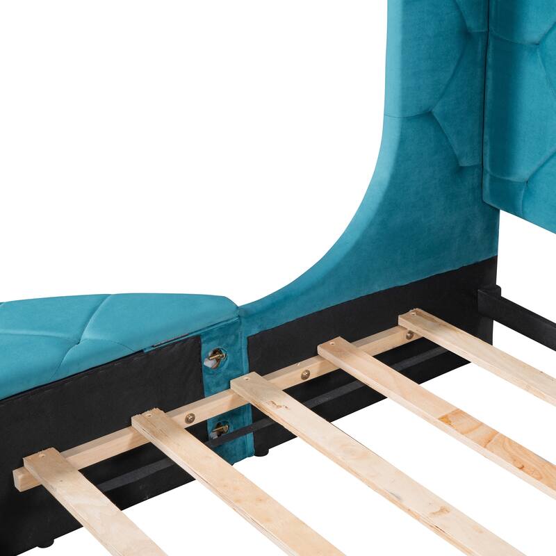 Queen Size Velvet Platform Bed with Wingback Headboard, Storage Drawer, and Side Stools