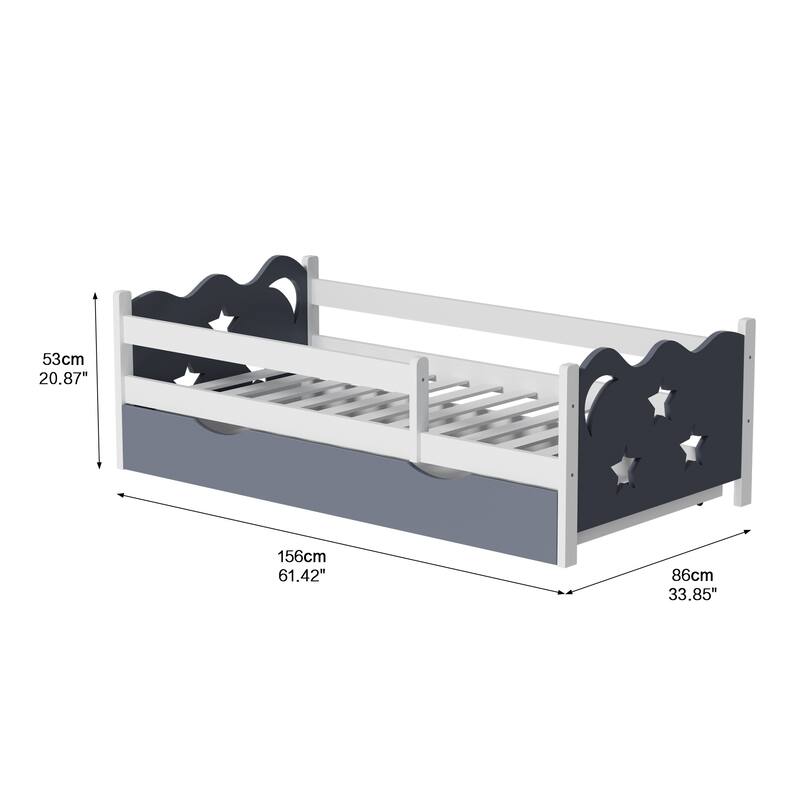 Kid's Bed Frame with star and moon decoration, Wood and bamboo Frames for Toddler Girls Boys, 8 Slats Support