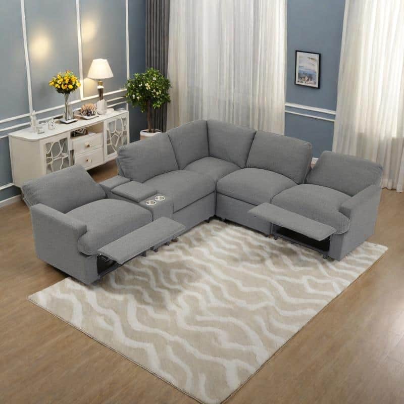 104" Linen Power Recliner Sectional 4-Seat Sofa with Storage, USB Ports and Cup Holders - DARK GREY