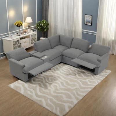 104" Linen Power Recliner Sectional 4-Seat Sofa with Storage, USB Ports and Cup Holders