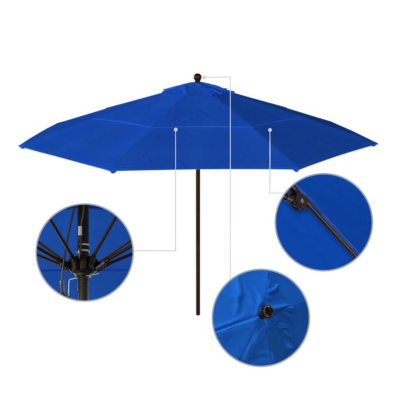 California Umbrella 11' Venture Series Patio Umbrella, Bronze Aluminum Pole Fiberglass Ribs Pulley Lift, Olefin Royal Blue